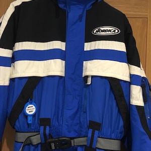 Vintage Retro Nordica 80s 90s Mens Women’s Unisex Ski Suit Snowsuit Winter Wear Slopes Jumpsuit Size L