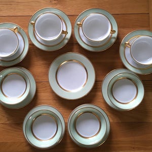 2 Handled Soup Bowl/Cups and Saucers Set, Fruit Dessert Bowls, Side Plates, Sold As Sets Renaissance Mint Green by FITZ and FLOYD Japan 1976