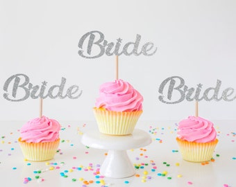 Bride Cupcake Toppers, Bride Decor, Bridal Shower Decor, Engagement Party, Bachelorette Party, Bride to Be, Bride Party Decor, Glitter Cake