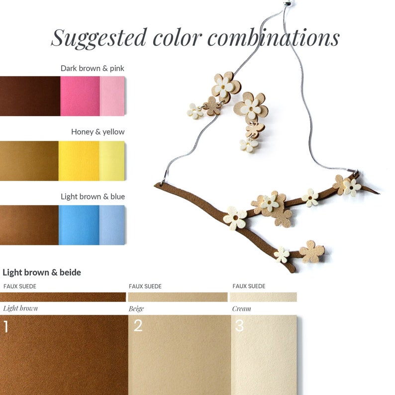 Cream Jewelry Sakura Earrings Cherry Blossom Necklace Custom Set Choose Your Color Faux Leather Necklace Faux Leather Earring Junk Jewelry