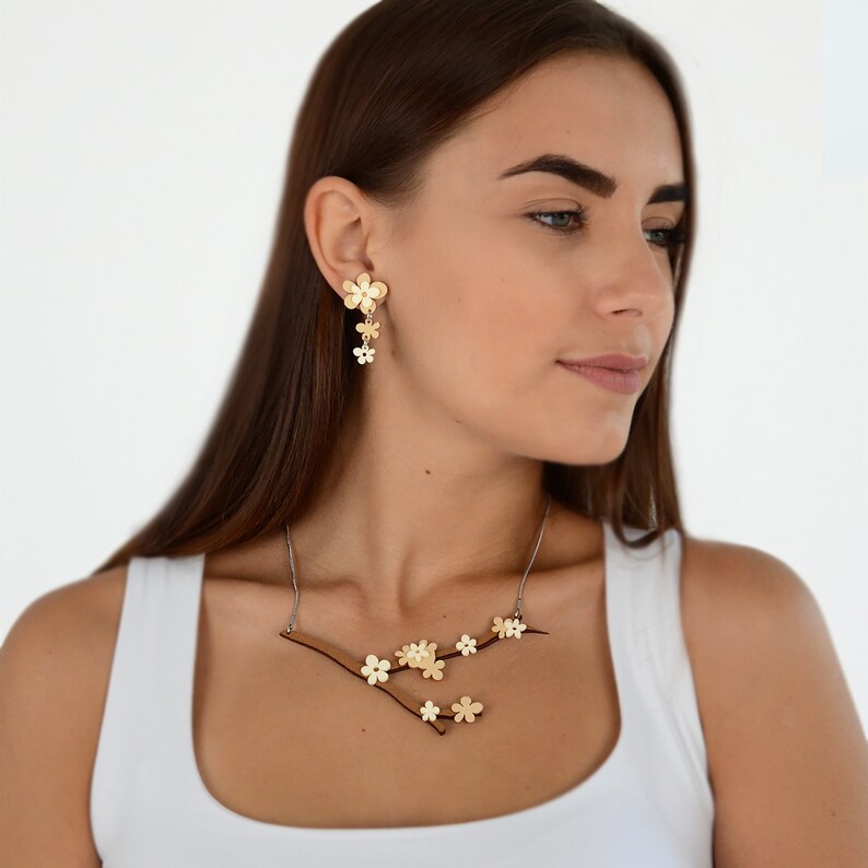 Cream Jewelry Sakura Earrings Cherry Blossom Necklace Custom Set Choose Your Color Faux Leather Necklace Faux Leather Earring Junk Jewelry