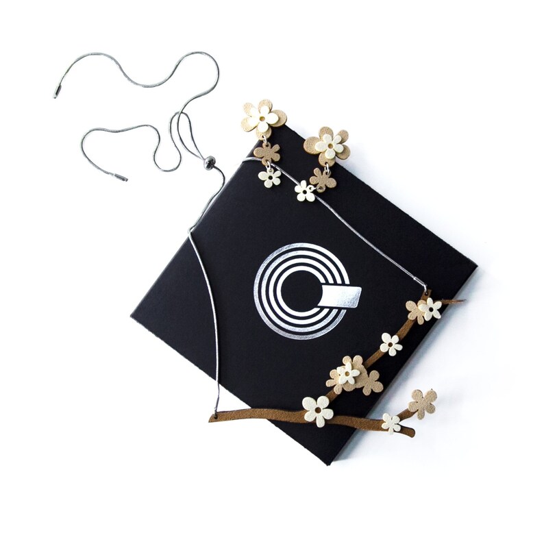 Cream Jewelry Sakura Earrings Cherry Blossom Necklace Custom Set Choose Your Color Faux Leather Necklace Faux Leather Earring Junk Jewelry