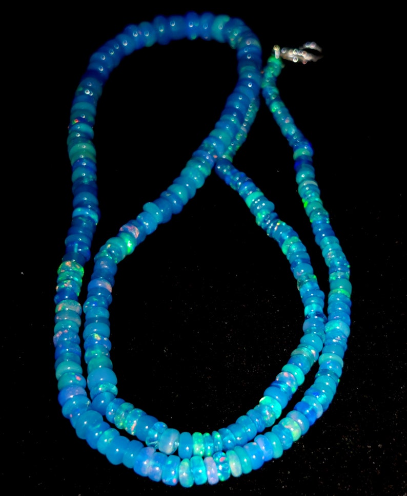 HIGH QUALITY ETHIOPIAN Opal Beaded Necklace 42Ct Natural Blue Ethiopian Opal 18Inches Length Electric Fire Beads Necklace Gemstone 6x3/3x2MM image 2