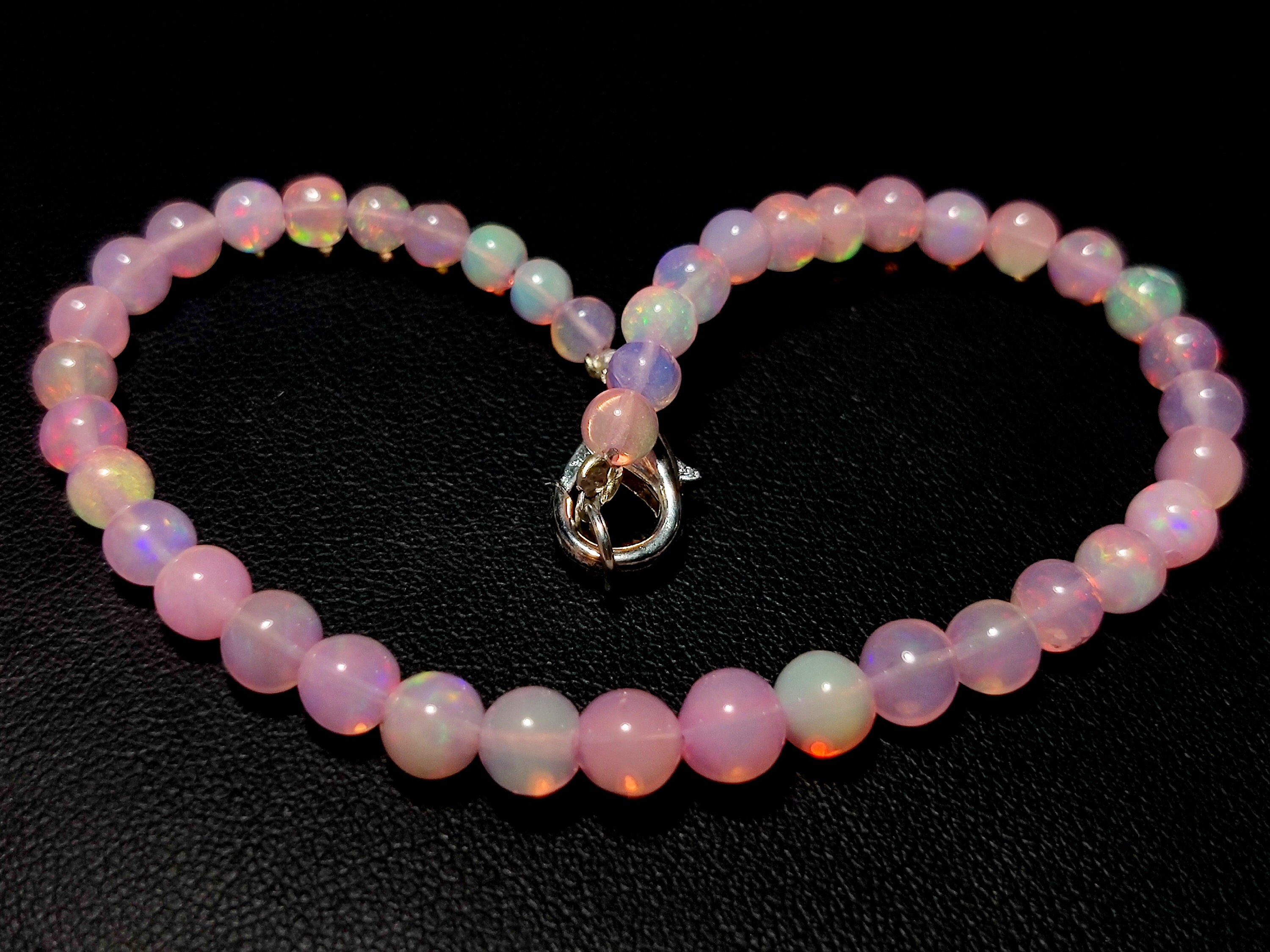 Natural Ethiopian Opal 140 Cts Loose Electric Fire Pink Beaded Bracelet 7" Inch 