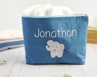 Personalisiertes Babygeschenk - Windeltasche mit Namen in jeansblau - Windeltasche Elefant - personalisierte Windeltasche mit Namen bestickt