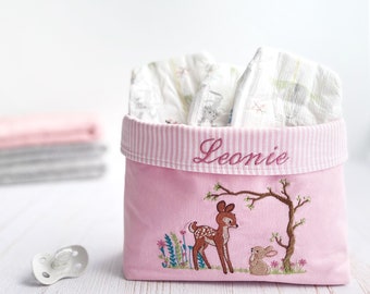 Wickeltisch Organizer Waldtiere - Utensilo in rosa, zart bestickt und personalisiert - besonderes Geschenk zur Geburt
