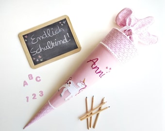 Schultüte Einhorn aus Stoff in rosa - Schultüte Mädchen Einhorn - mit romantischem Einhorn und Namen bestickt - Zuckertüte Einhorn