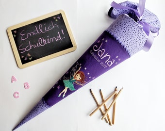 Schultüte Fee - Zuckertüte mit Ballerina-Elfe in Lila & Flieder - aus Stoff – genäht - mit Fee / Elfe bestickt - mit Namen personalisiert