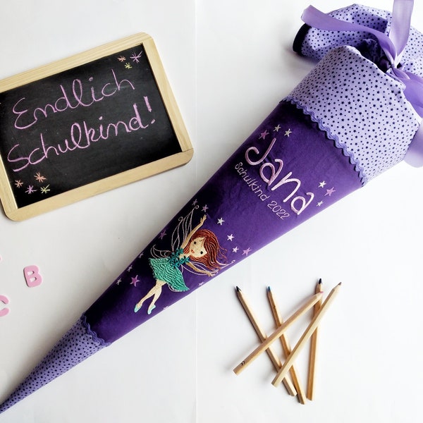 Schultüte Fee - Zuckertüte mit Ballerina-Elfe in Lila & Flieder - aus Stoff – genäht - mit Fee / Elfe bestickt - mit Namen personalisiert