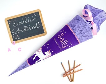 Schultüte Einhorn - Schultüte lila & rosa mit Einhorn bestickt - Zuckertüte Einhorn - Schultüte aus Stoff Mädchen mit Namen personalisiert