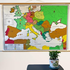 Mappa d'epoca dell'Europa, mappa scolastica dei poteri atomici, anni '70, decorazione da parete in lino psichedelico, politica europea tedesca.