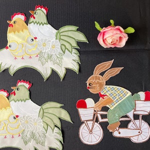 Set di 3 applique primaverili grandi "Coniglietto pasquale in bicicletta e polli sul nido Coniglio vintage da cucire sulla toppa Decorazione per la casa