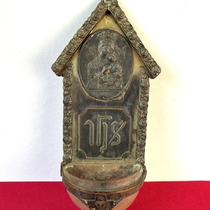 Antique Art Nouveau Holy Water Font Virgin Mary Metal Wall Hanging Stoup Catholic Gift Idea Religious Jugendstil Wall Art image 1