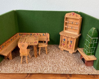 Vintage German Dollhouse Furniture for Living Room Miniature Bauernmalerei Bavarian Table Chairs Bench Cabinet Collectible Toy Nostalgia