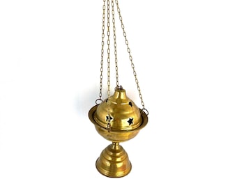 Vintage 22" Brass Incense Burner Large Hanging Censer Metal Incense Cone Holder Zen Pierced Lid Brass Home Decor