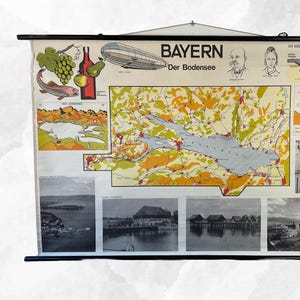 ヴィンテージ ボーデン湖アート バイエルン地図 学校チャート ボーデン湖 ワイン 教育用リネン プルダウン ドイツ風景画 ウォールアート 折衷的なホームデコレーション
