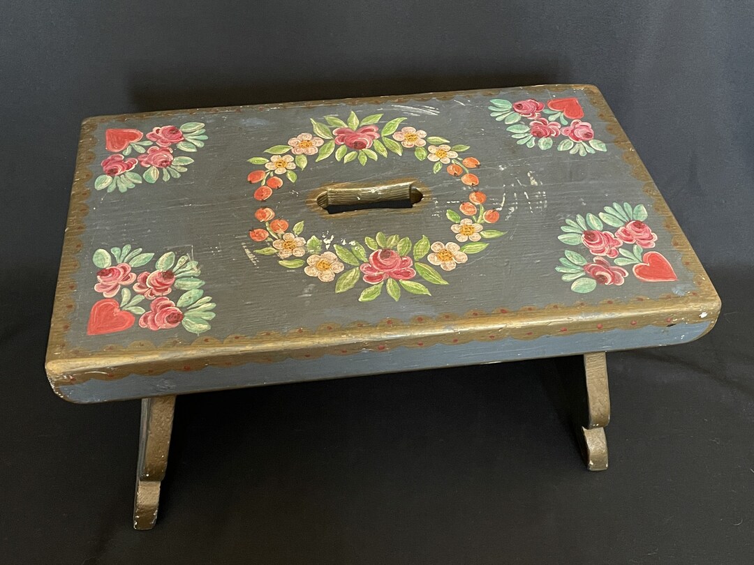 Vintage German Footrest or Plant Stand Painted Wood Step Stool Folk Art ...