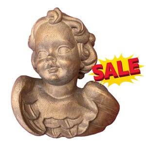 Vintage Carved Wood Angel – Golden Toned Putti Religious Decor – Cherub Wall Hanging with Wings – Cupid Style – MORE HELP