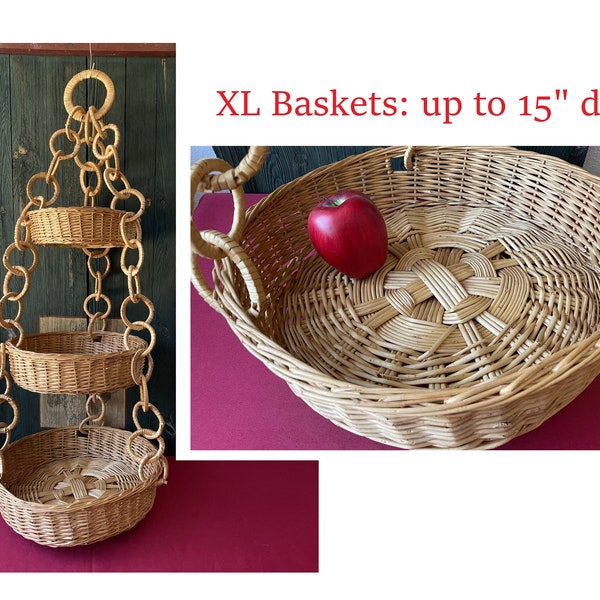 Vintage 36" Sturdy Wicker Hanging Baskets Etagere 3 Tier Rattan Shelf Large Shelves Wall Fruit Storage Kitchen Bath Planter Boho Room Decor