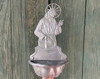 Vintage Pewter Holy Water Font Saint Conrad Silver Metal Wall Hanging Stoup Catholic Gift Idea Religious Christianity Jesus Wall Art