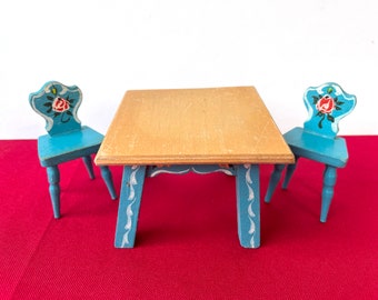 Vintage Dora Kuhn Dining Table & Chairs Set Dining Room Furniture Bedroom Dollhouse Miniature Blue Germany Set Painted Wood Bauernmalerei