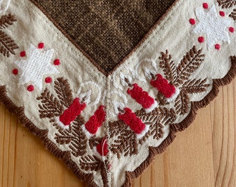 Vintage Small Christmas Tablecloth Doily Brown Red Candles Linen Cotton Embroidered Rectangular Rustic Xmas Table Germany Holiday Decor