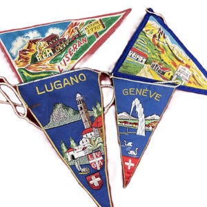 Vintage Alps Pennants Switzerland France Wall Hanging Flag Col Lautaret Iseran Lake Geneva Lugano Travel Souvenir Midcentury Tourist 1960s