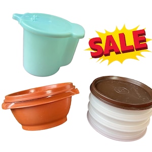 Vintage Tupperware Set – 1970s Stackable Bowls, Orange Dish & 1950s Creamer with Lids – Retro Plastic Kitchen Trio FARM HELP - SALE