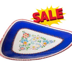 Vintage Enamel Trinket Dish – Austrian Style Red White & Blue Bowl – Floral Metal Catchall Possibly by Steinbock Enamelware