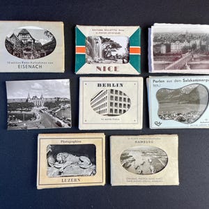 Mini cartoline vintage, foto, souvenir di viaggio anni '50, set di scrapbooking, foto artigianali in cartella, Amburgo, Lucerna, Nizza, Berlino, Hallstatt, Amsterdam