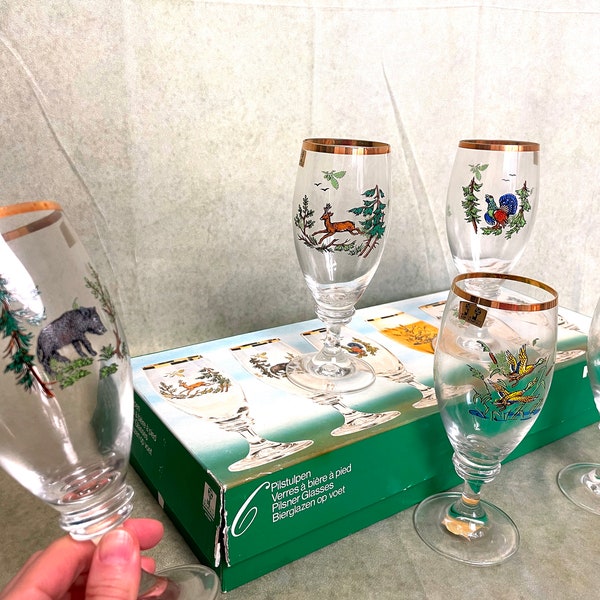 Ensemble de 5 verres à bière à pied vintage allemands, thème de la chasse à la nature, 6 verres à vin bavarois, champagne, boissons dans une boîte d'origine, cadeau rustique, articles de bar