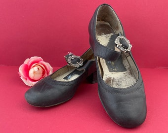 Vintage Bavarian Dancing Shoes for Decoration Girls Black Leather Trachten Shoes with Silver Buckle Figurine Unusual German Photo Props