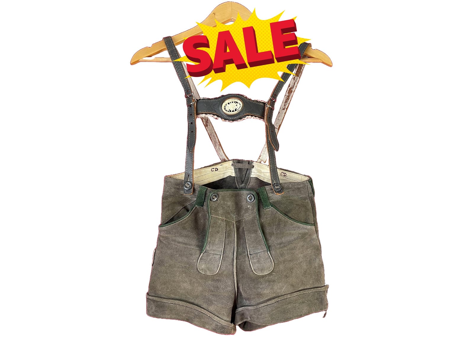 Vintage Boys’ Lederhosen with Suspenders – Gray Suede German Tracht – Edelweiss Medallion, Green Trim,