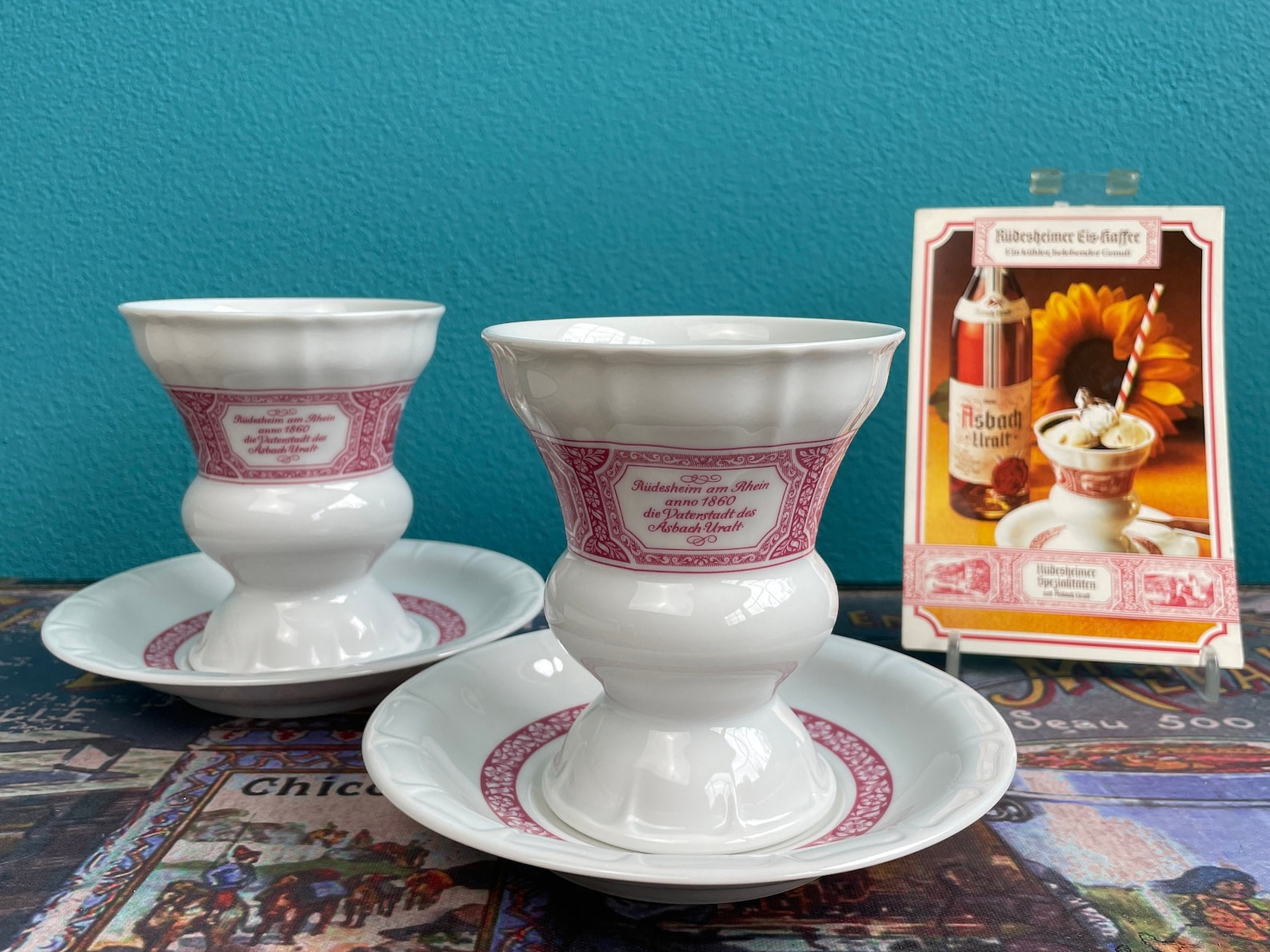 Vintage Rudesheimer Coffee Cup Sets 2 Ceramic Red White Heinrich Porcelain Germany