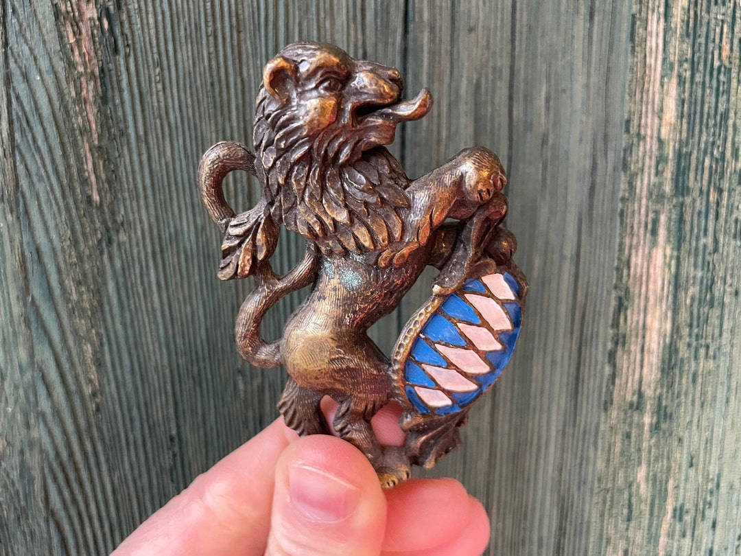 Vintage Brass Figurine Bavarian Lion With Blue White Enamel Flag Brass ...