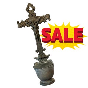 Antique Crucifix Holy Water Font – Tall Pewter or Tin Font with Hinged Lid – Vintage Christian Wall Shrine or Tabletop Stoup from Germany