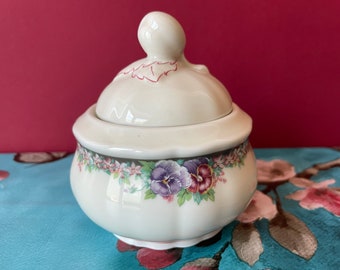 Vintage Jam Pot Bavarian Porcelain Seltmann Weiden Marie Luise Marmalade Dish Round Ceramic Sugar Jar Lid Pink Purple Flowers Trinket Dish