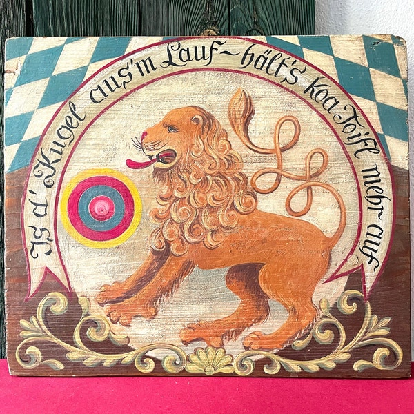 Vintage raro león bávaro tiro objetivo hecho a mano madera pintada cabina alpina decoración alemán rectangular toros ojo caza arte de pared rústico
