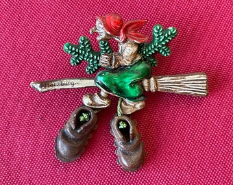 Vintage Witch Flying on Broom Brooch German Hat or Lapel Pins Alpine Charm 1960s Travel Souvenirs Hatpin Oktoberfest Accessory Bavarian