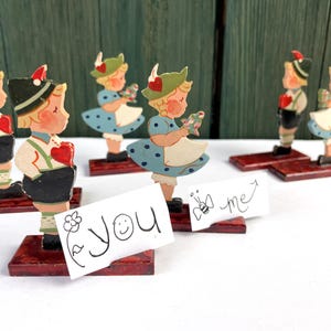 Juego de 6 figuras vintage de madera para portatarjetas de mesa de Erzgebirge, para niña y niño, estilo bávaro, hechas a mano, pintadas, decoración alemana.
