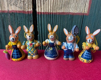 Vintage Set Easter Bunnies Ornaments 5 Colorful Spring Rabbits Ornament Erzgebirge Bunny Germany Handmade Easter Decoration Wooden