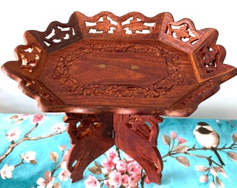 Vintage 13" Folding Wood Table or Plant Stand Indian Handmade Carved Sheesham Inlays Oval Serving Tray Bohemian Home Decor Gift Under 50