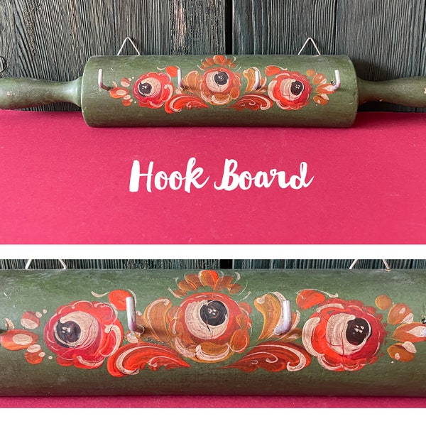 Vintage Kitchen Wood Hook Board Rolling Pin Germany Folk Art Key Rack 4 Hooks Green Wall Hanging Organized Wooden Rustic Decor House Gift