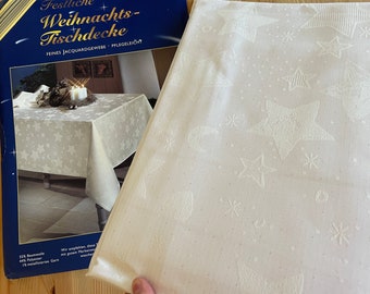 Vintage NEW Star Jacquard Tablecloth with Metallic Thread Stars Large Rectangular Christmas 51 63 inch Table Decor Original Package Gift