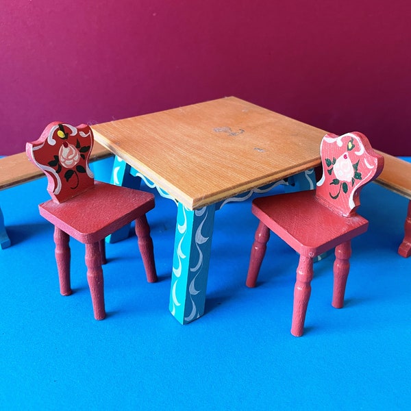 Vintage 5 pc Dora Kuhn Dollhouse Miniature Furniture Dining Room Table Chairs & Benches Set Red Blue Painted Wood Minis Handmade Germany