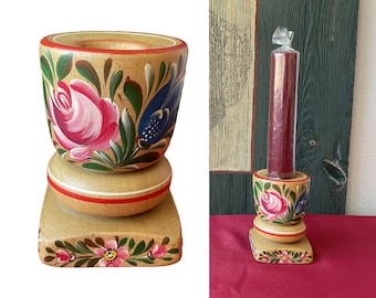 Vintage German Candleholders Painted with Bavarian Folk Art Wood Candlestick Square Round Bauernmalerei Table Decor Rustic Gift Pink Blue