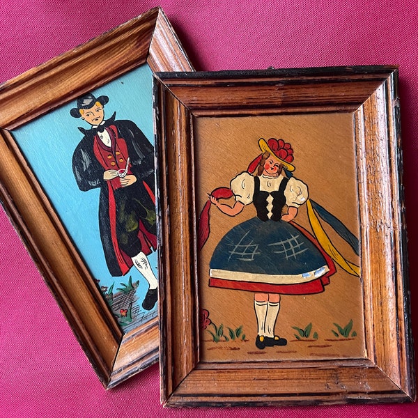 Vintage Painting Set German Traditional Costumes Black Forest 2 Framed Rustic Farmhouse Wall Art Hanging Picture Handmade Boho Decor