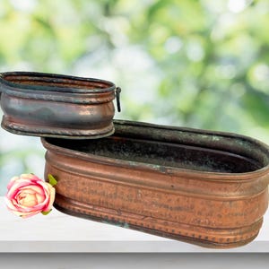 Vintage Copper Jardiniere Planter Set 2 with Heavy Patina Oblong Metal Plant Pots Flowers Bohemian Home Decor Indoor Gardening Rusty Worn
