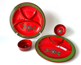 Vintage Set 2 Divided Plates with Bowls Sauce Cups Two Red & Green Ceramic Fondue Serving Plates for BBQ Charcuterie German Majolica