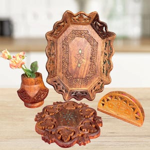 OFERTA Juego vintage de 4 bandejas de madera tallada para servir, jarrón, salvamanteles, servilletas, porta cartas, soporte para plantas, bandeja hecha a mano de la India, decoración bohemia, regalo de sheesham 20